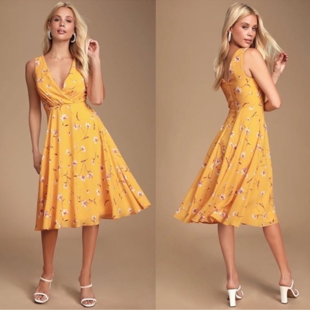 New Lulu's Alysia Golden Yellow Floral Midi Dress Sz S